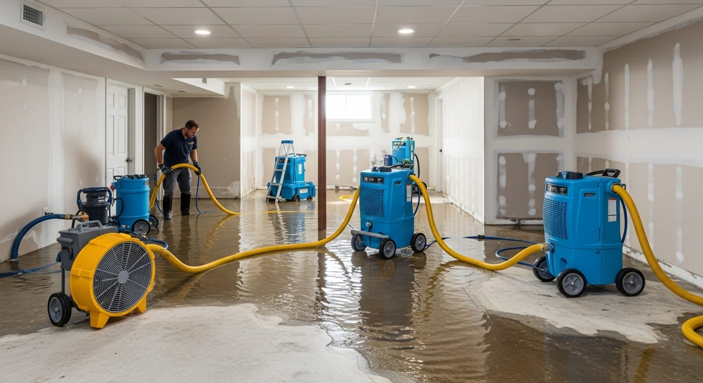 Water damage cleanup equipment and flooded Staten Island basement showing professional restoration process.