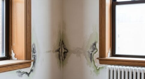 Signs of mold in apartment showing water stains and discoloration on NYC apartment wall near window frame.